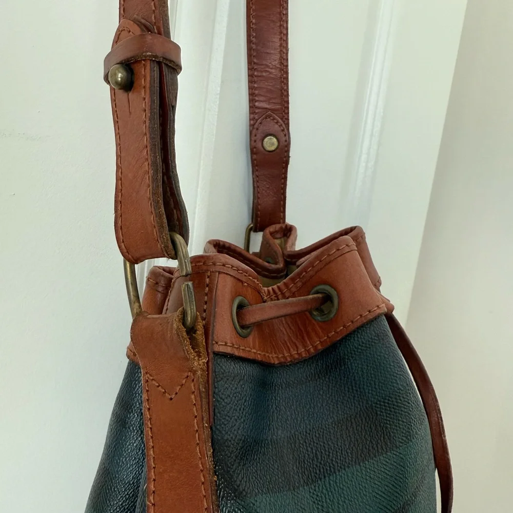 Vintage Polo RALPH LAUREN Green Tartan Plaid Leather Drawstring Bucket Bag 90s - Picture 6 of 16